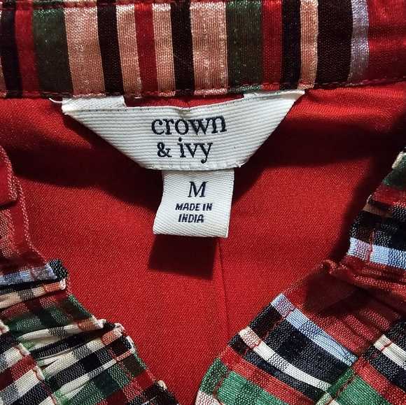 Crown & Ivy Red Plaid Puff Sleeves Split Neck Top Size Medium - Picture 11 of 13